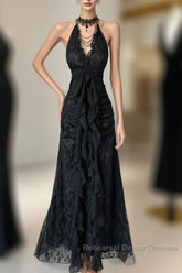 Vintage Mermaid Halter Sleeveless Long Black Lace Evening Dress Semi Formal Prom Dresses